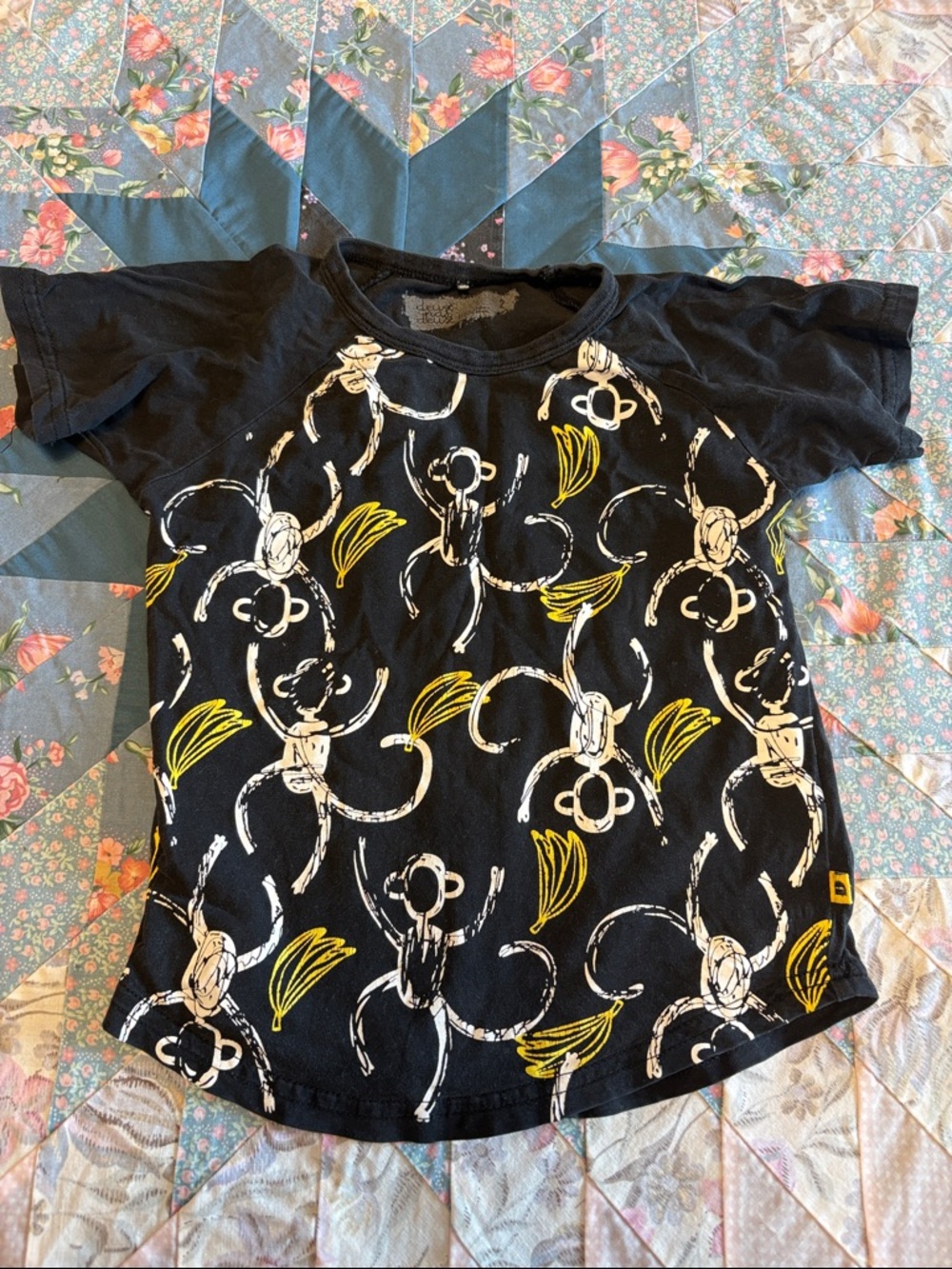 Deux par Deux Black Monkey Print Tee with Yellow Accents